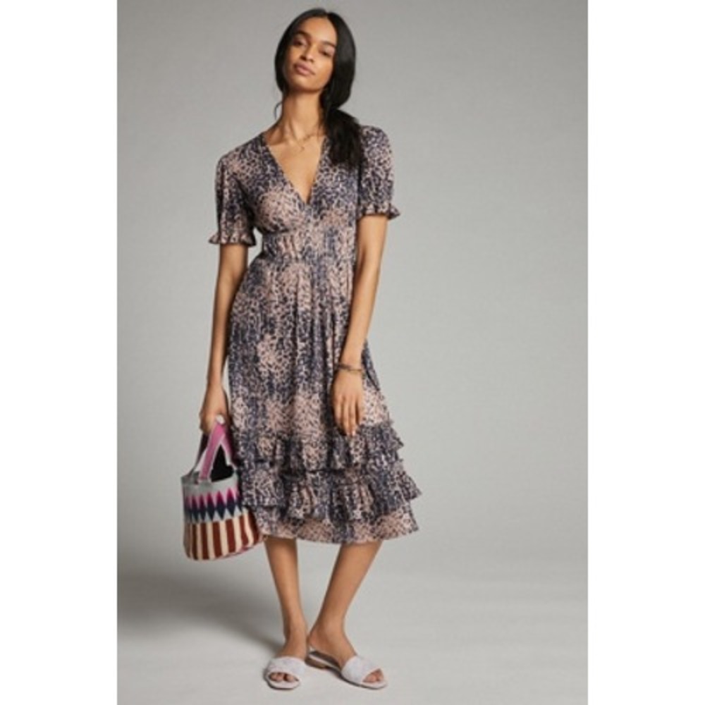 Hutch Adelia Ruffled Leopard Print V-Neck Midi Dress Smocked Small